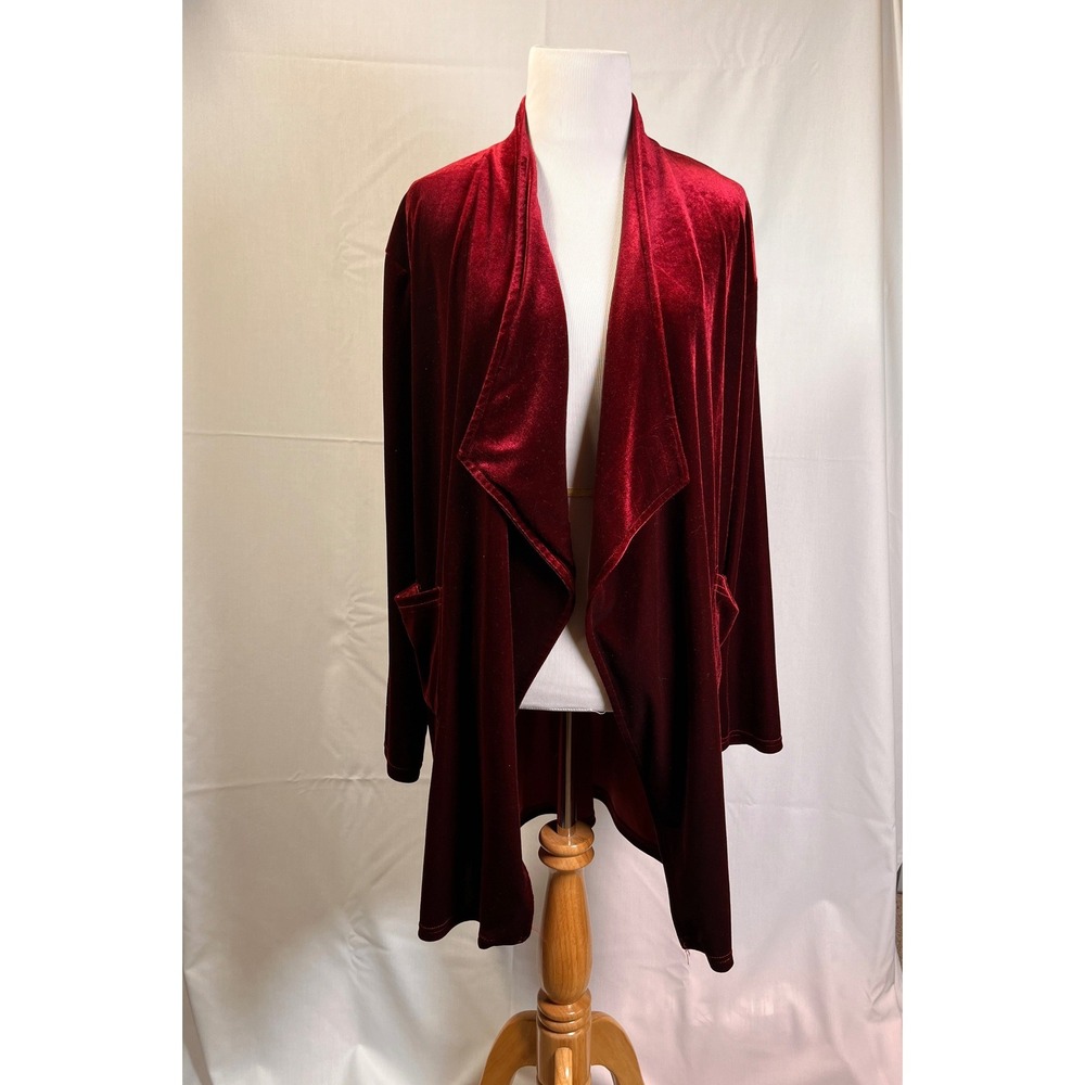 Burgundy Velvet Waterfall Open Front Cardigan Duster Jacket Pockets XXL